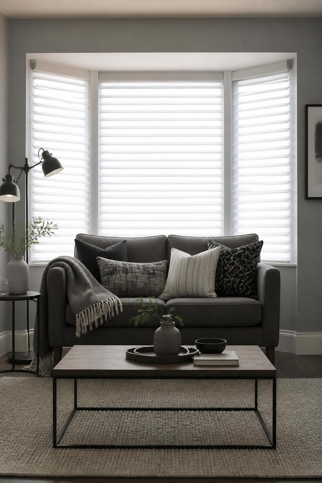 A minimalist contemporary bay window display with wide-slat horizontal blinds in white that diffuse natural light across monochrome gray-blu.
