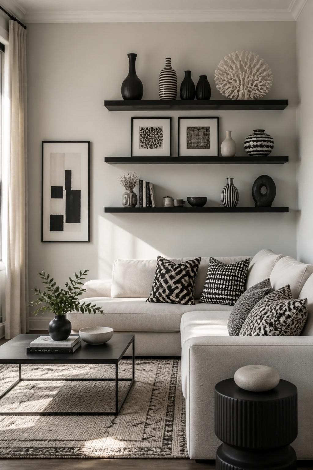 A chic, monochrome-inspired living room balances three minimalist black floating shelves above a pale sectional, with black and white decora.