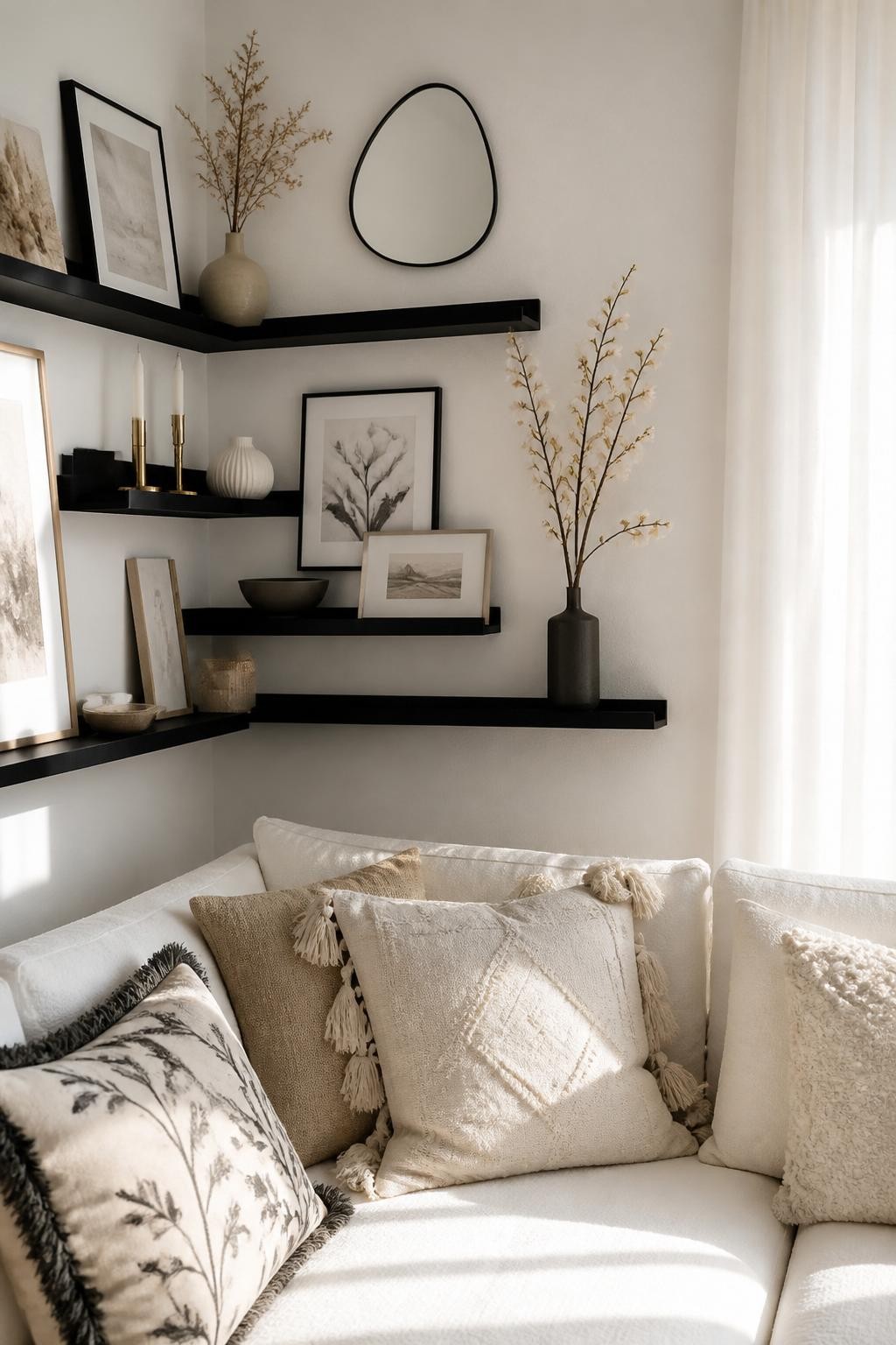 Minimalist corner sectional living space in crisp white, accented by a series of black floating shelves in varying lengths and staggered pla.