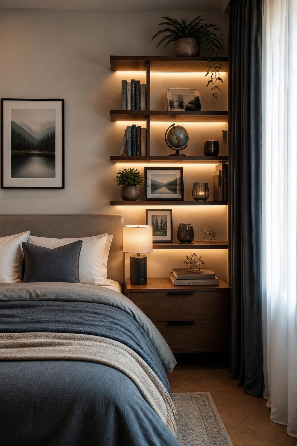 Cozy-modern bedroom with floating walnut shelves illuminated by subtle built-in LED backlighting, flanking one side of the bed.