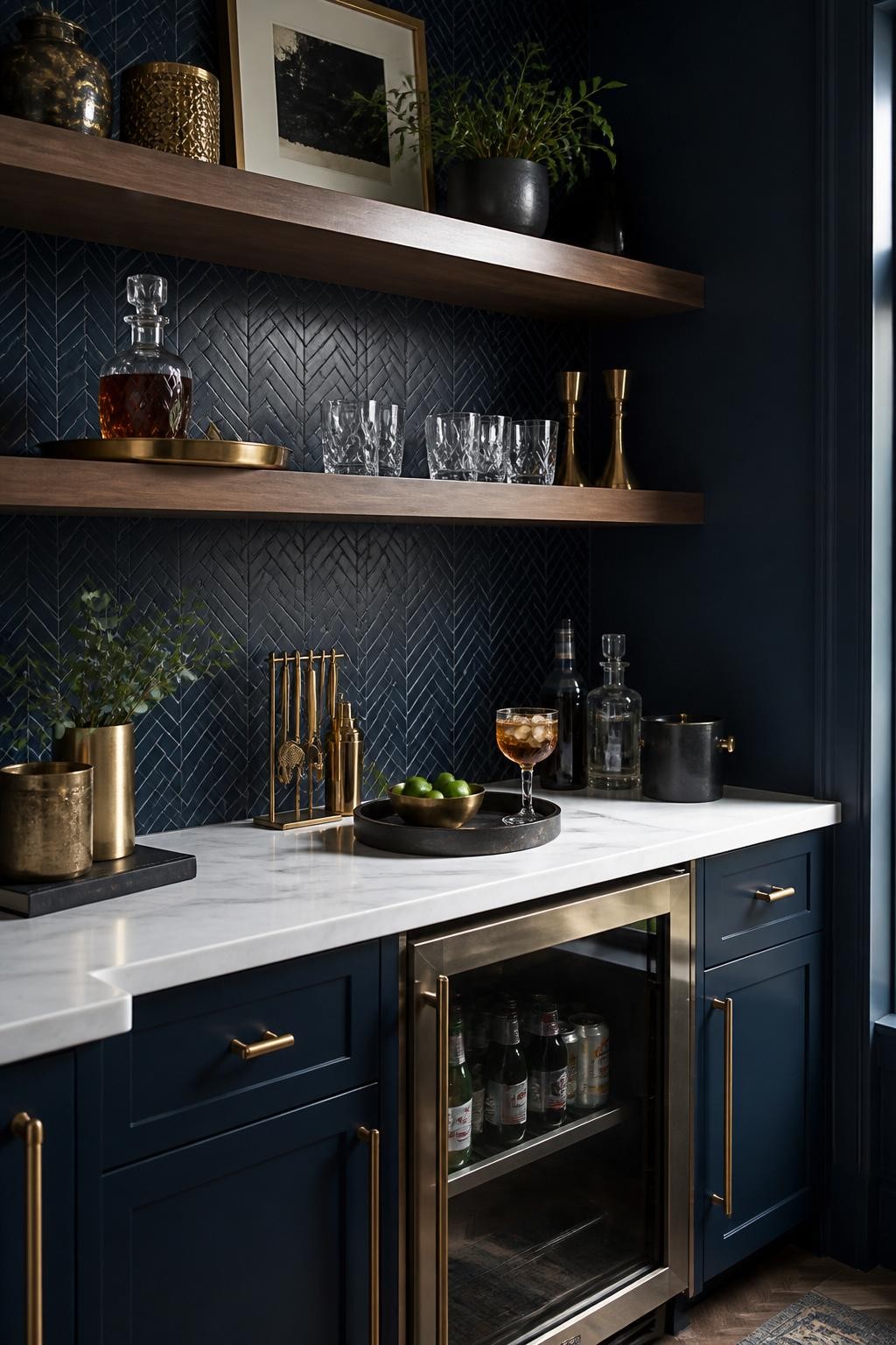 Dive into a moody blue wet bar with deep navy cabinetry topped by a luxurious white marble countertop.