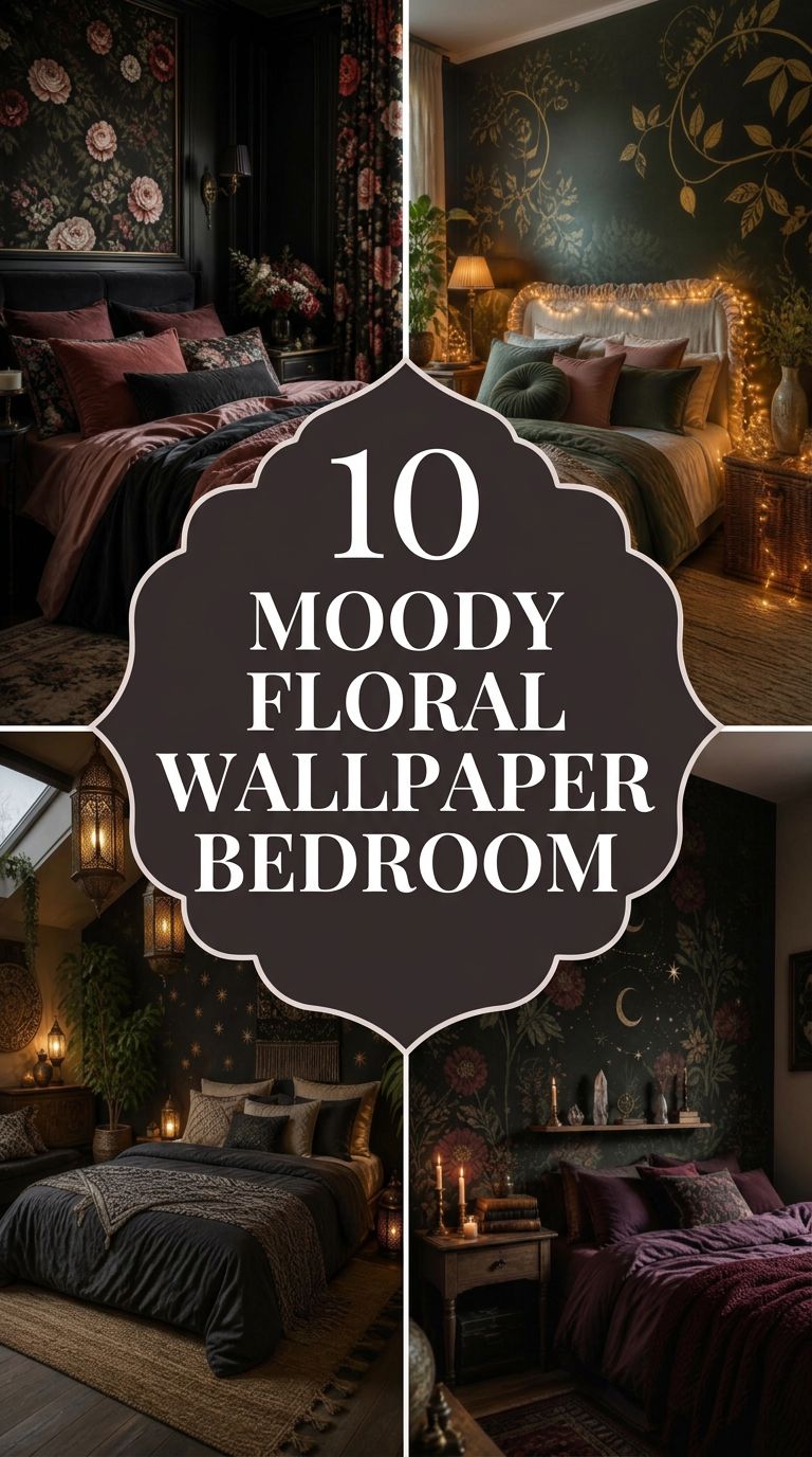 Pinterest banner for 10 Moody Floral Wallpaper Bedroom Ideas for Dramatic Luxury