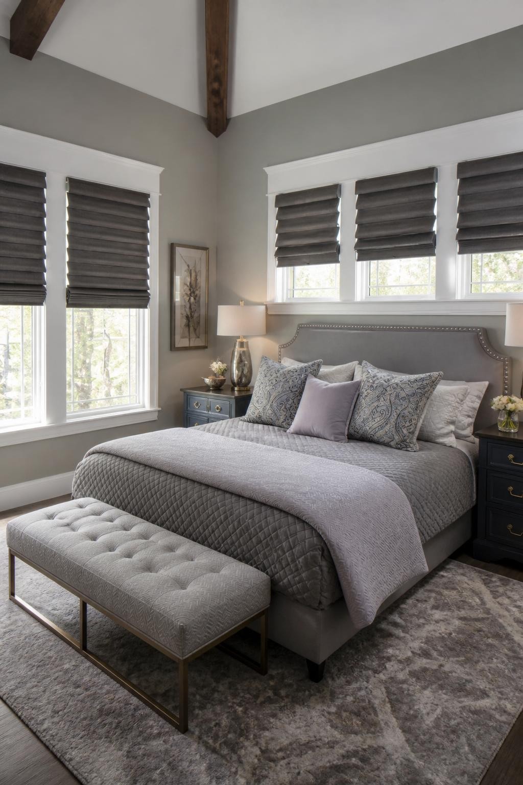A stylish transitional bedroom featuring deep gray Roman shades on large double windows, set against soft gray walls and a vaulted ceiling w.