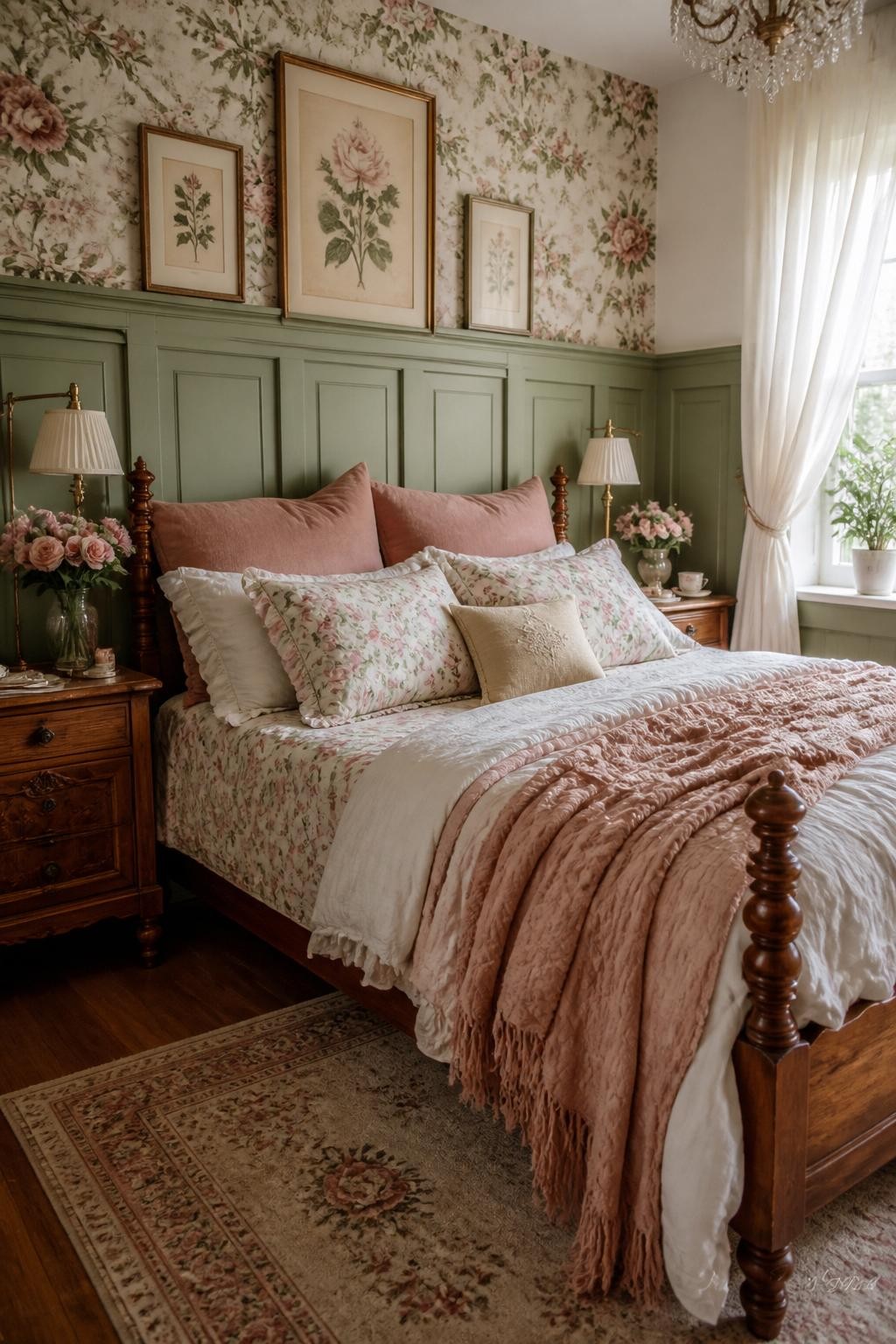 Feature a farmhouse bedroom with soft sage green wall paneling, dramatic floral wallpaper, and a carved wood bed topped with vintage-style p.