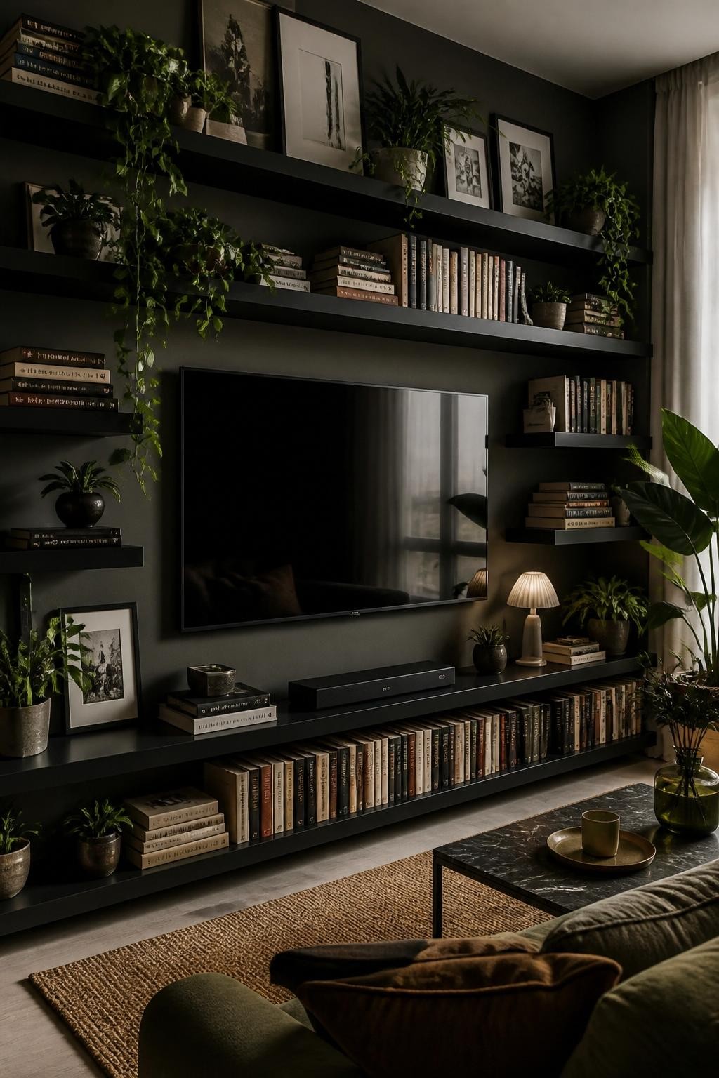 An inviting library-inspired living room wall, featuring matte-black floating shelves framing a modern TV.