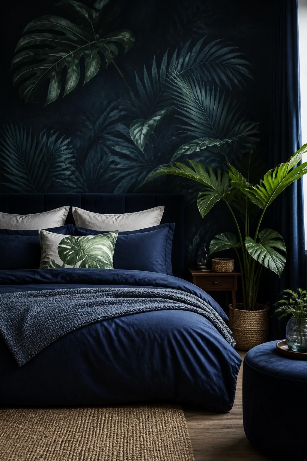 A moody botanical navy bedroom centered around a deep midnight blue floral mural featuring oversized leafy motifs in shades of green and tea.