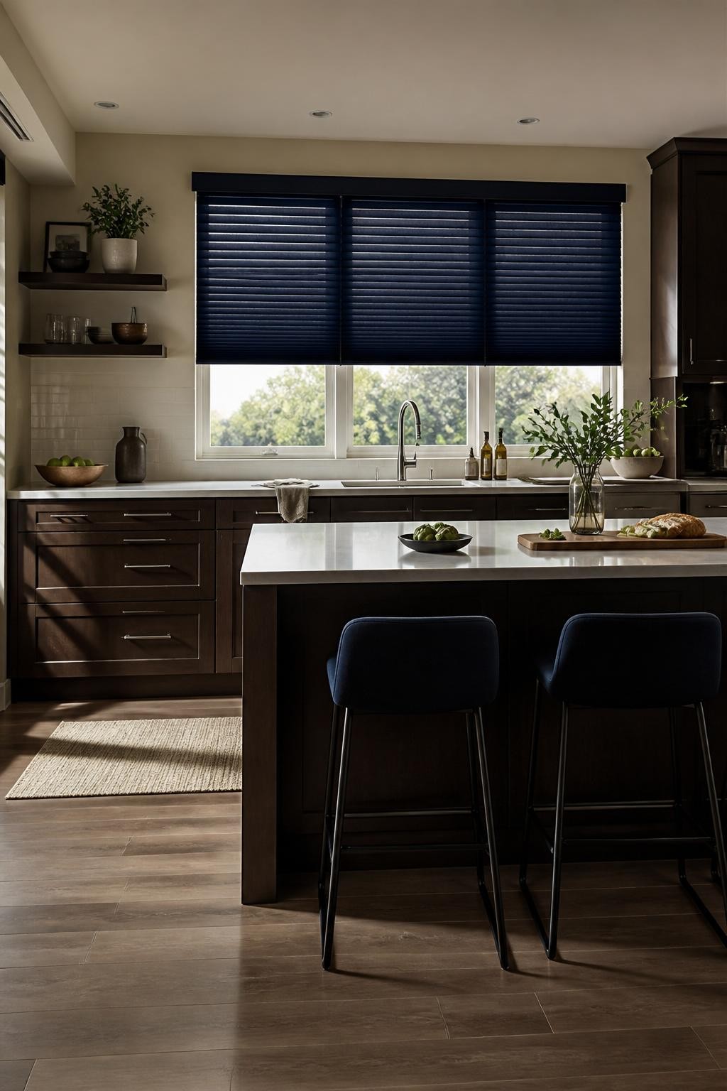 A dramatic contemporary kitchen stands out with deep navy cellular shades shaded half-closed along a wide row of windows over the sink and b.