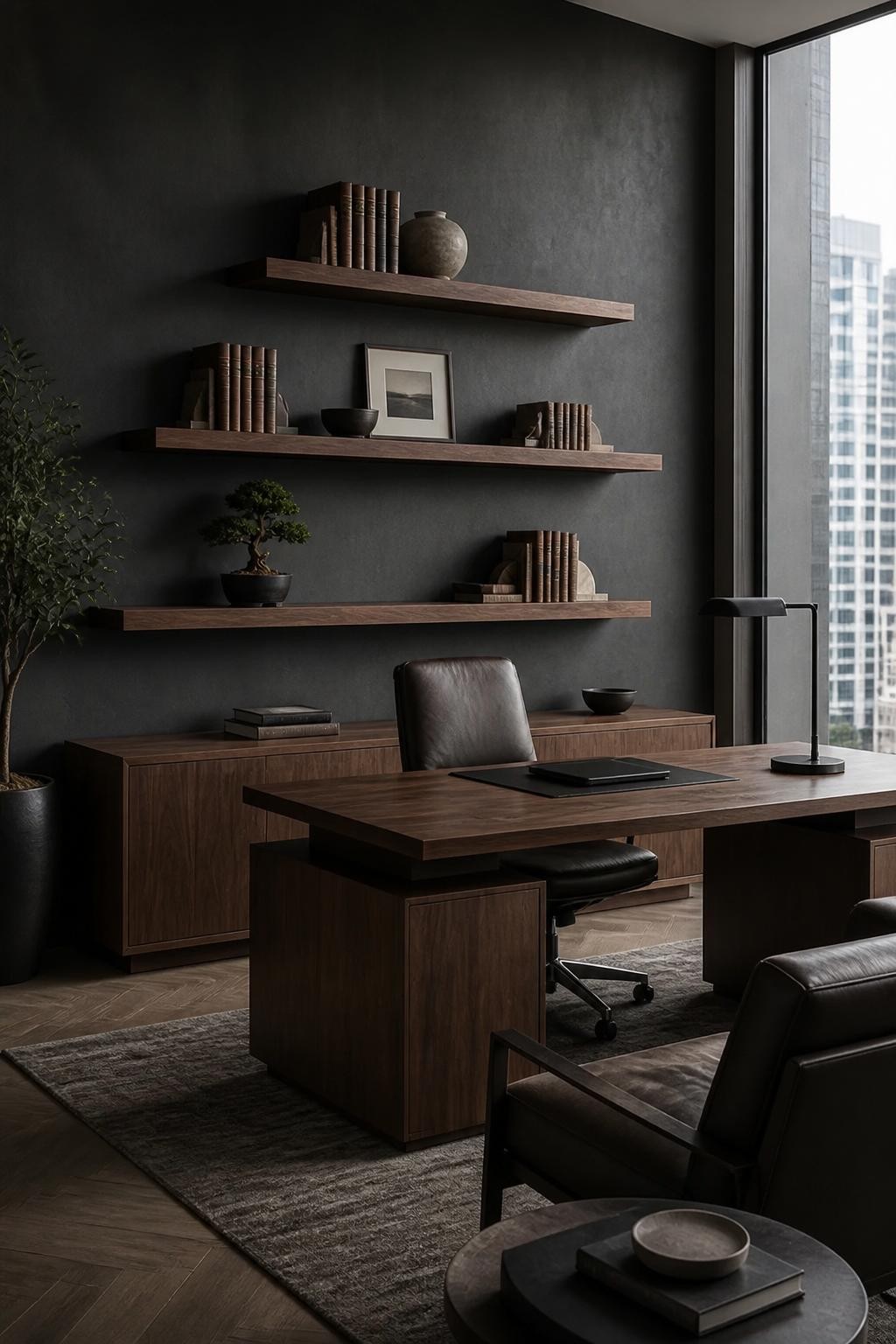 A moody home office features a trio of sleek walnut floating shelves against a matte charcoal accent wall, creating a dramatic backdrop for.