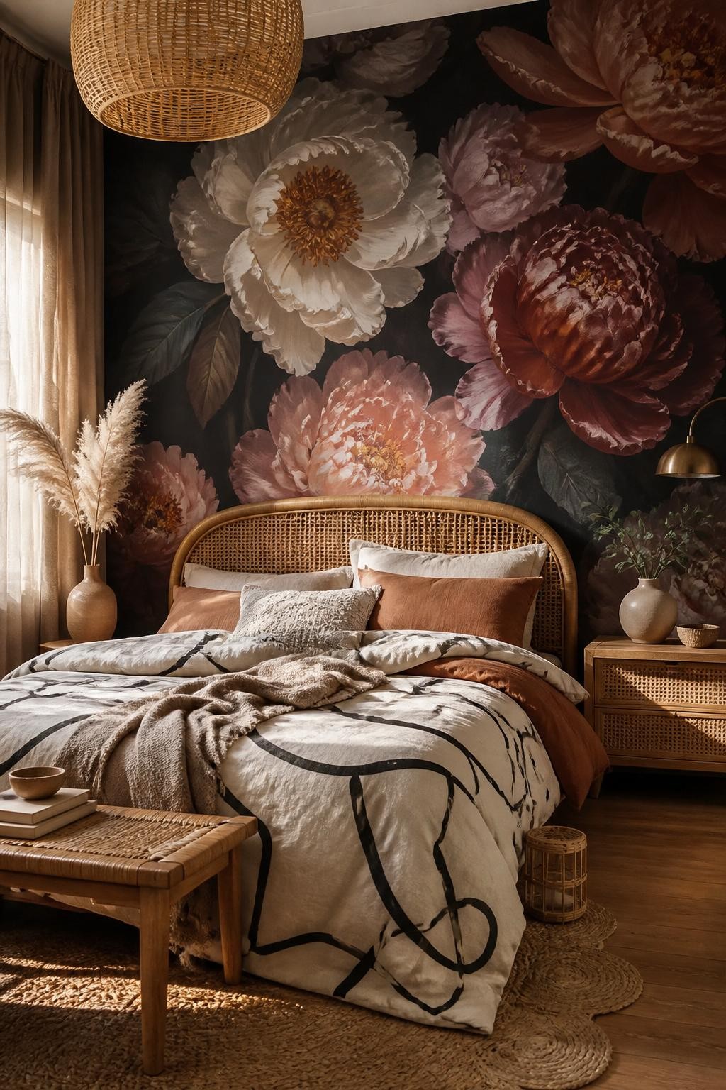A dramatic boho-inspired bedroom where a large, dark peony mural dominates the feature wall, lending depth and richness.