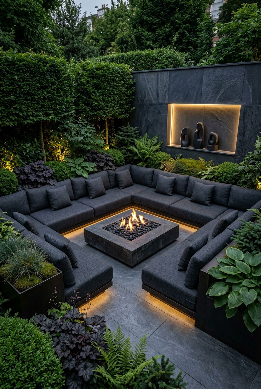 A lush, sheltered outdoor lounge feels like a secret garden, wrapped in dense green hedges and accented by discrete golden uplighting.