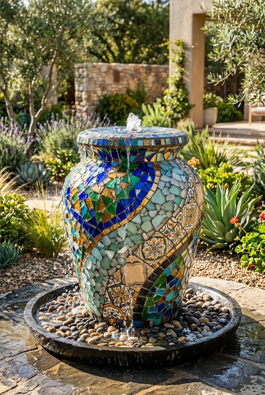 Create a dazzling mosaic flower pot fountain covered entirely in colorful stained glass fragments, sea glass pieces, and ceramic tile patter.