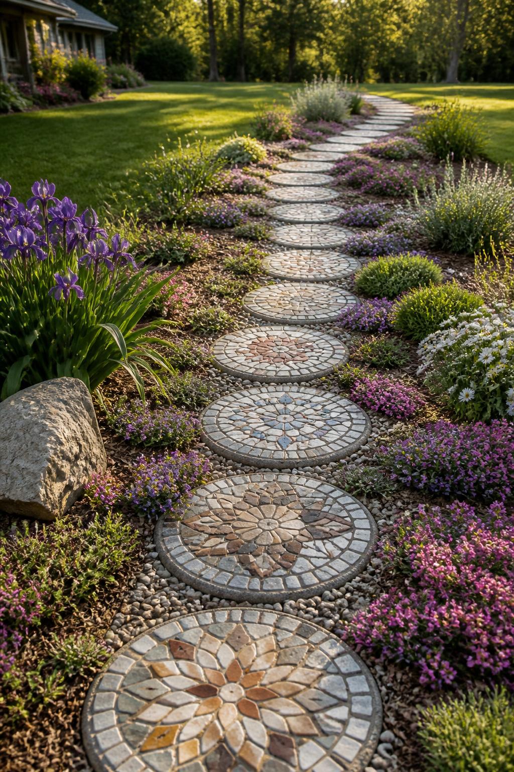 Capture a charming mosaic stepping stone pathway stretching gracefully across a septic leach field.