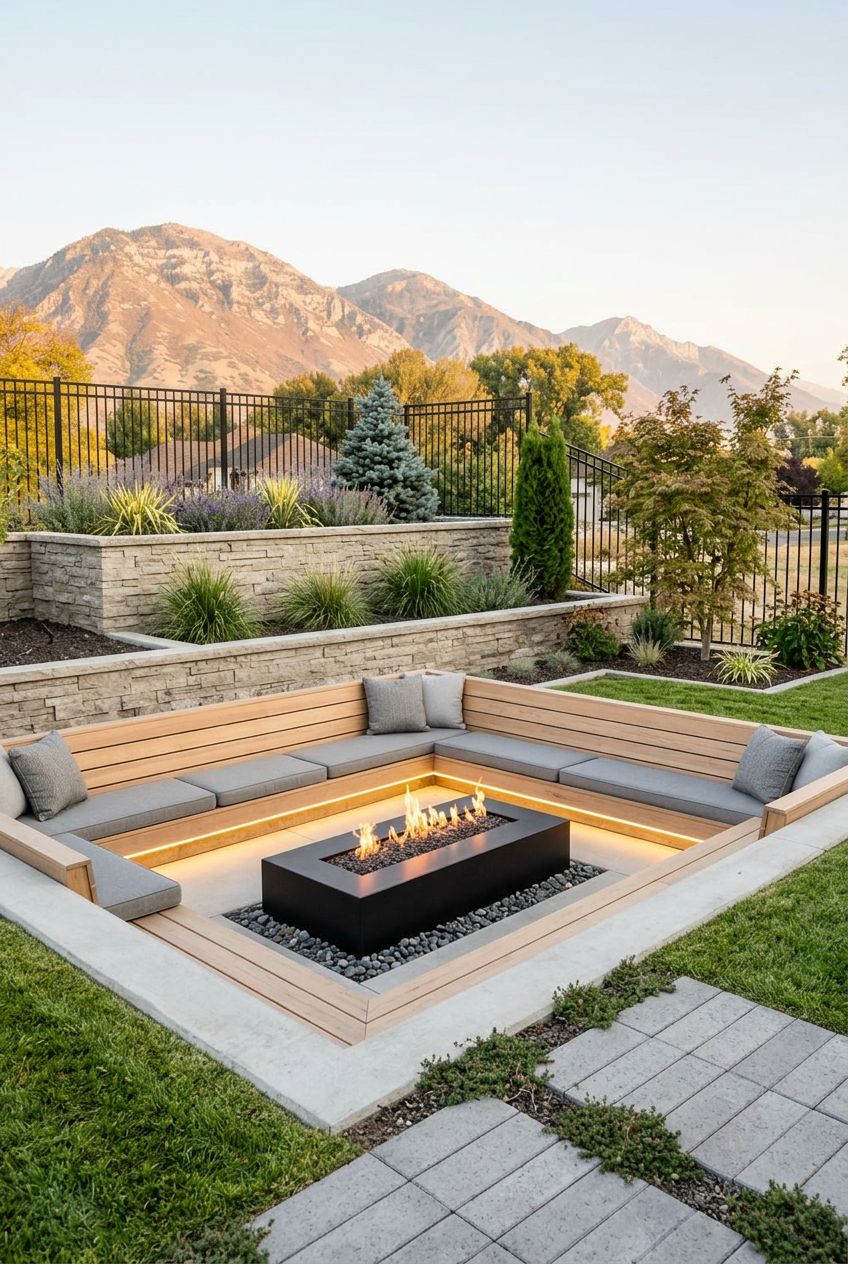 Present a geometric, contemporary sunken fire pit inset into the ground, bordered by light wooden seating and crisp concrete.