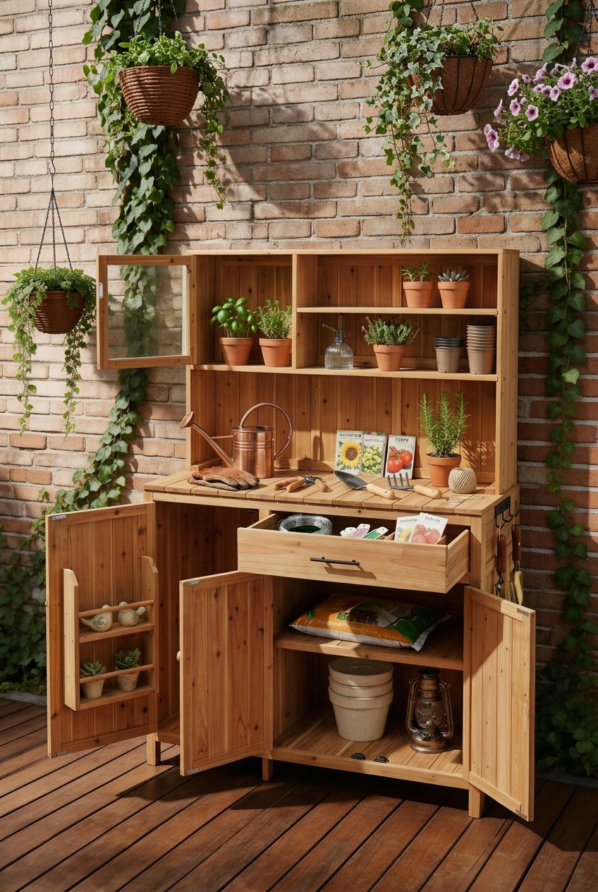 Use the uploaded 65 Inch Garden Potting Bench with Hutch Top exactly as the reference product, preserving its multi-level honey-colored wood.