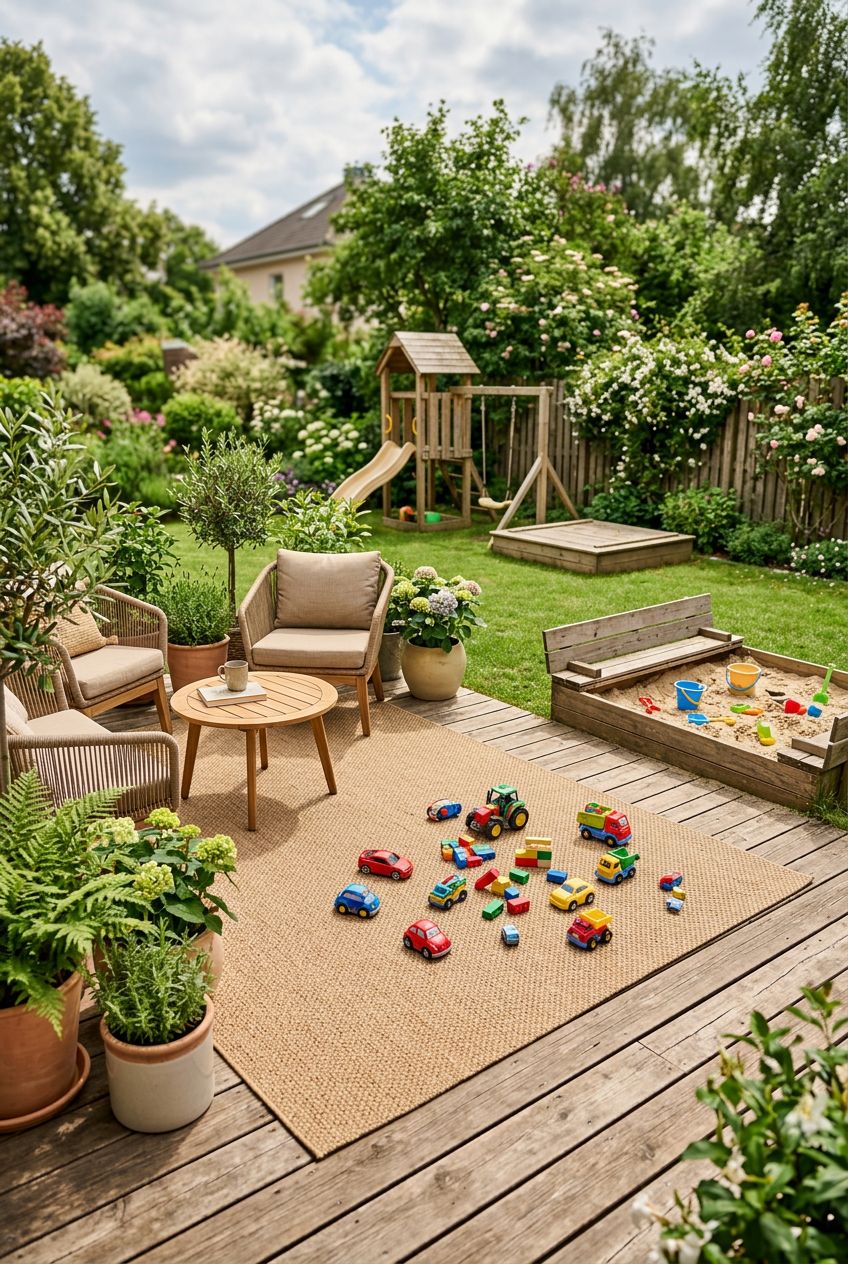 A multifunctional backyard play space uses a mix of wooden decking, potted plants, and a sandpit playground area set to one side.
