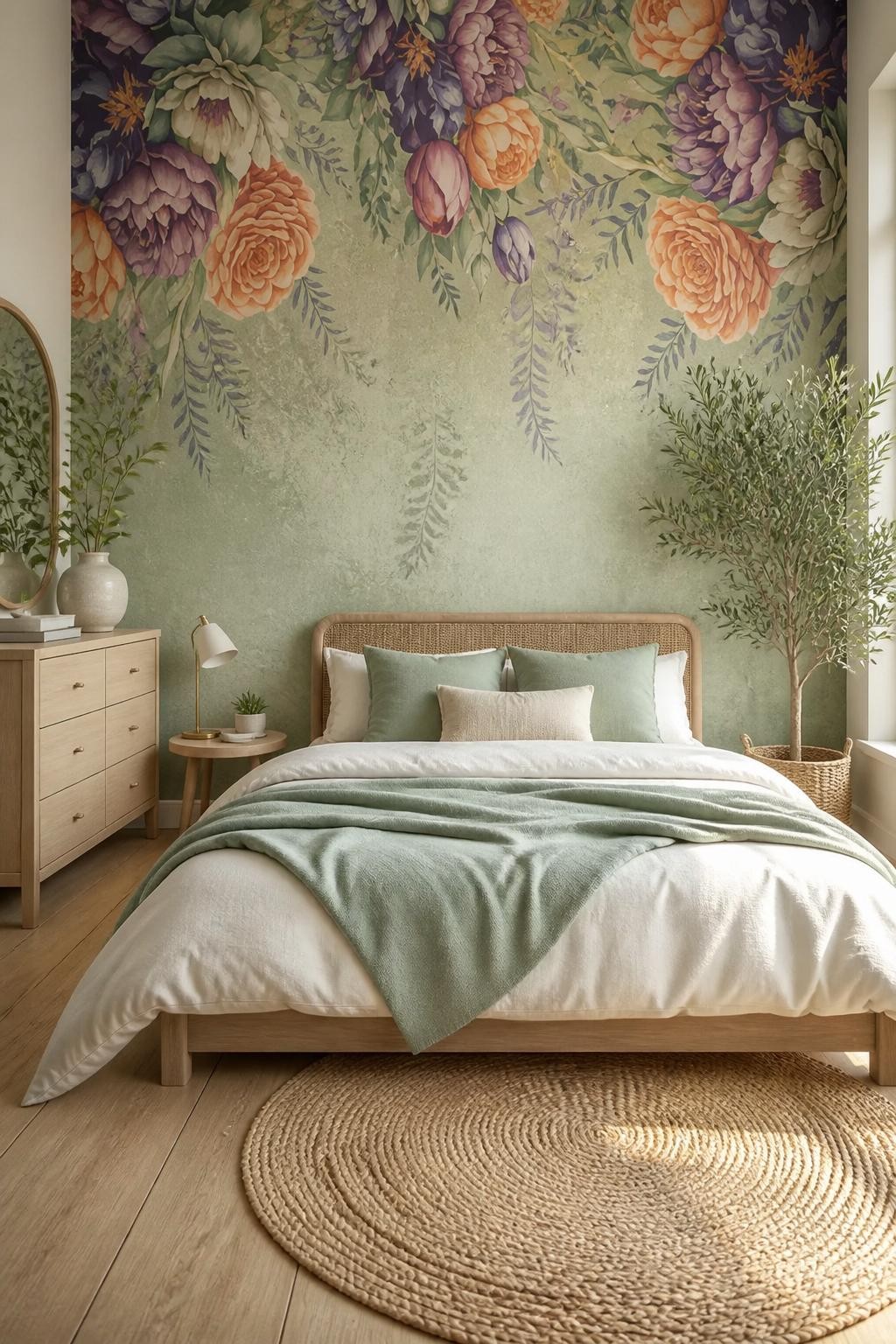 A tranquil, modern retreat featuring a muted mural of cascading peonies and wildflowers in soft purple, peach, and cream tones atop a soft s.