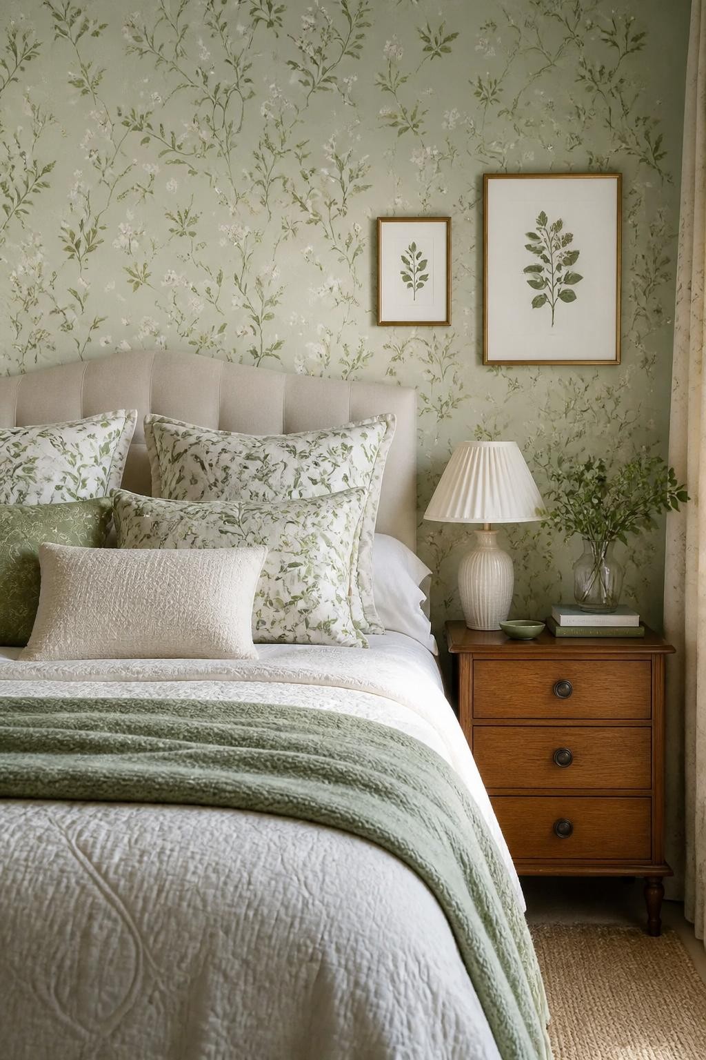 Echoing vintage cottage style, this peaceful bedroom displays a muted green floral wallpaper accented by framed botanical artwork.