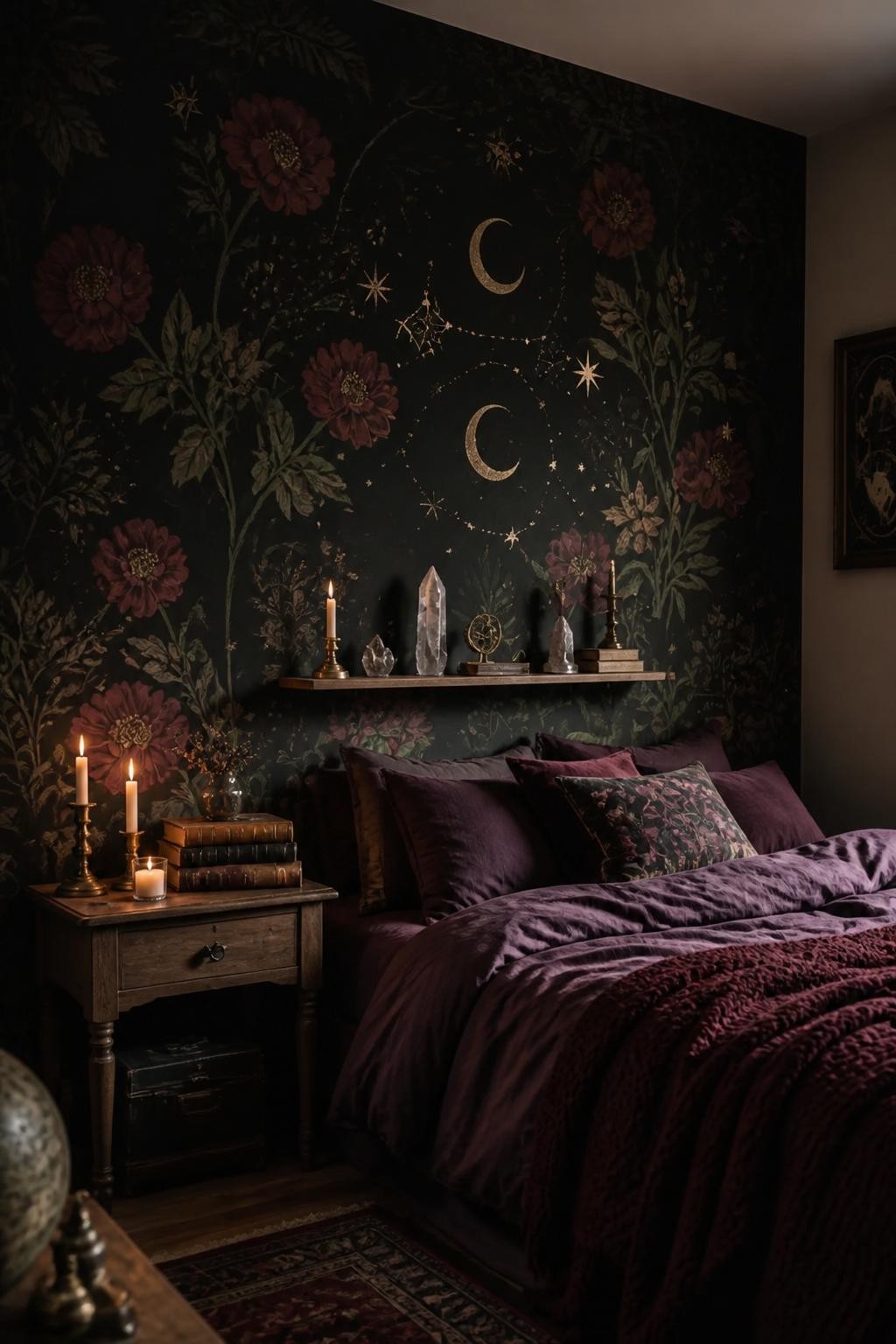 A mystical bedroom scene where a black wallpapered accent wall is adorned with dramatic burgundy peonies, wild foliage, and delicate constel.