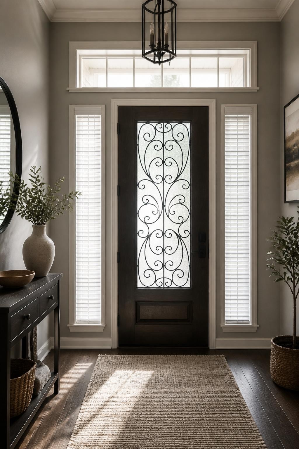 A modern entryway centered on striking geometric ironwork within a deep-stained front door, flanked by tall, narrow windows dressed in clean.