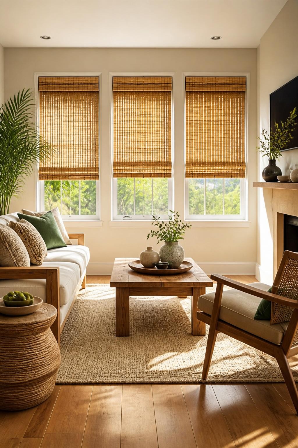 A stylish, sunlit living room with a set of three small windows dressed in warm honey-hued bamboo blinds, creating a natural, earthy vibe.