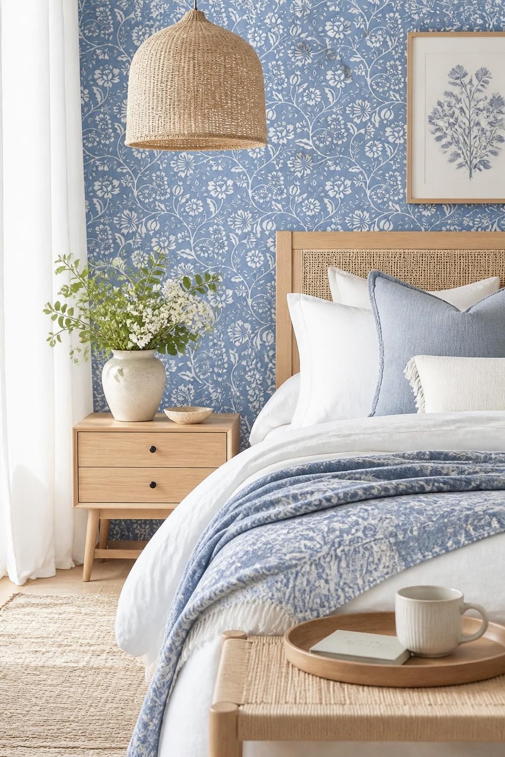 A Scandinavian-inspired boho bedroom with a light wood cane bed, set against a blue wallpaper adorned with delicate white floral motifs.