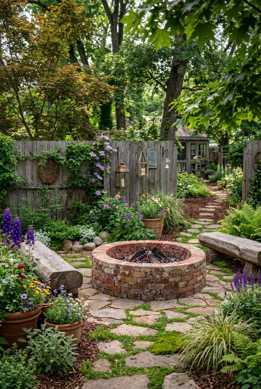 Illustrate a rustic, nature-inspired backyard featuring a circular brick fire pit with weathered textures and chunky wooden log benches.