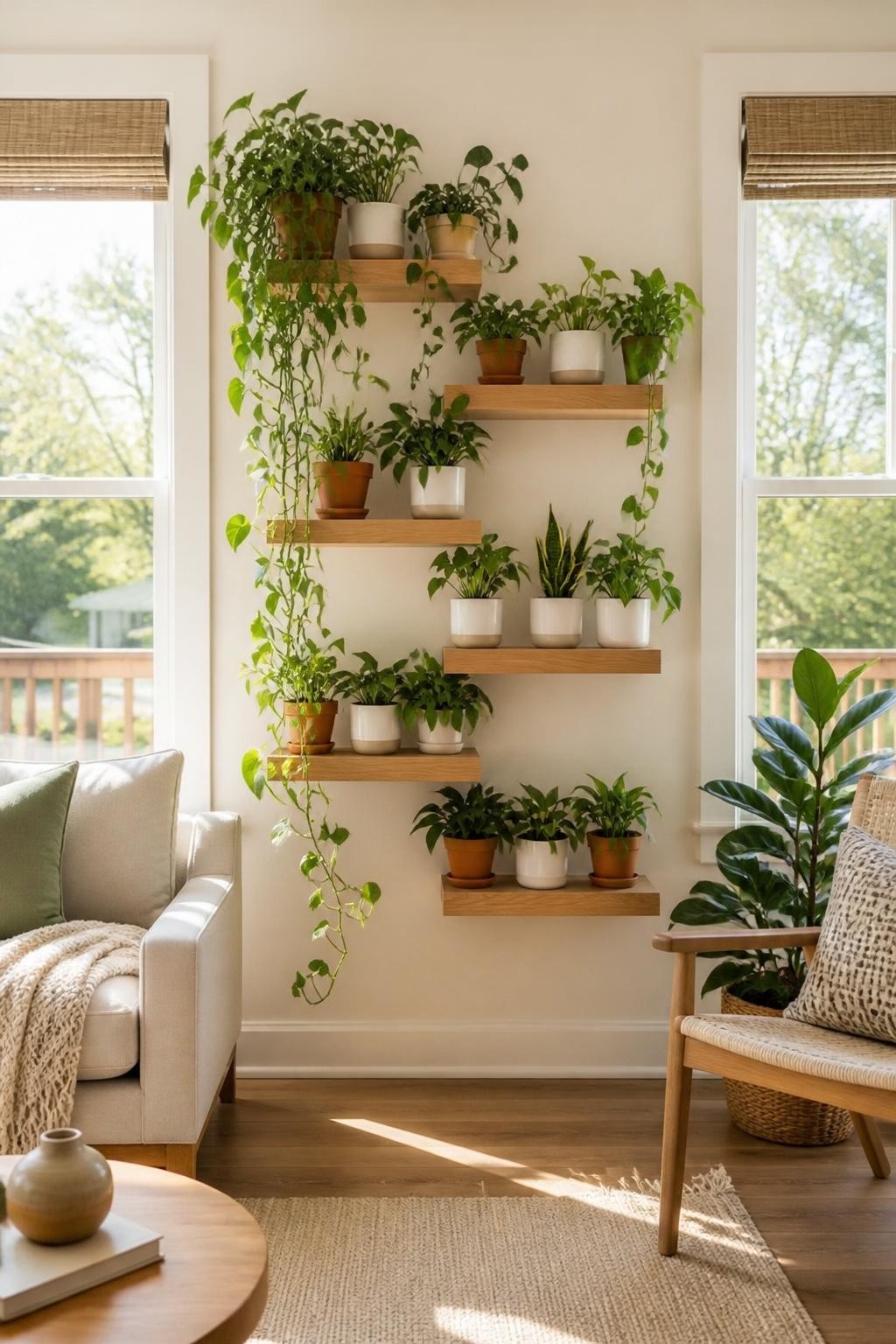 A sun-drenched living room corner is brought to life with a grouping of thick, floating wooden ledges, each lined with lively green housepla.