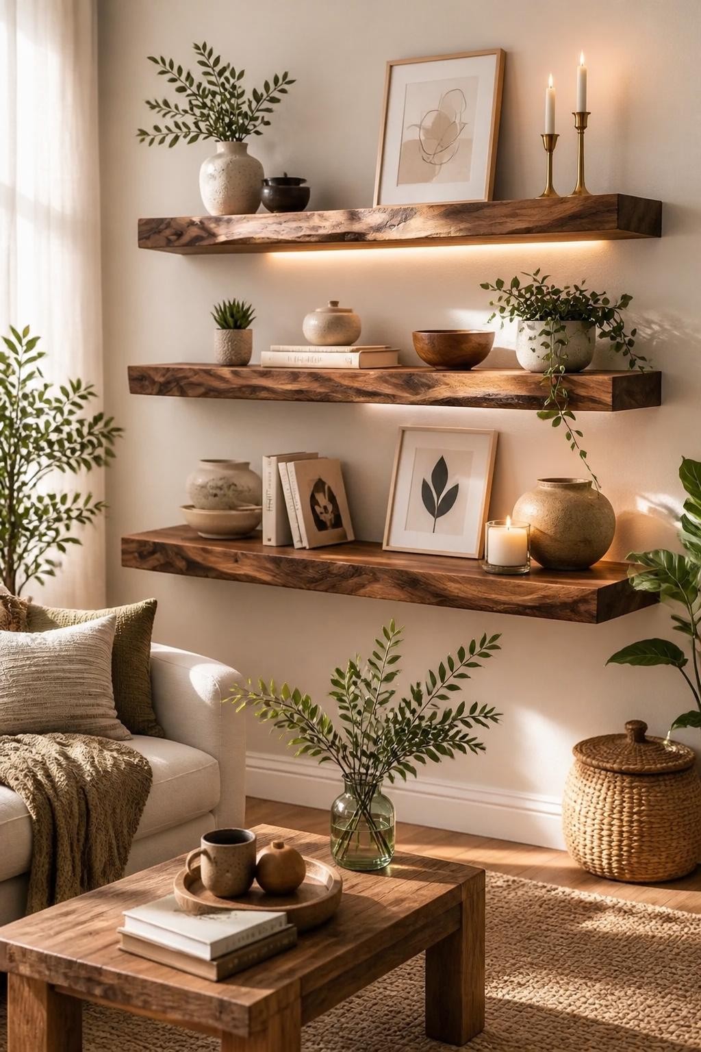 Bathed in morning light, this natural, light-filled living room features three thick rustic wooden floating shelves arranged above a cozy so.