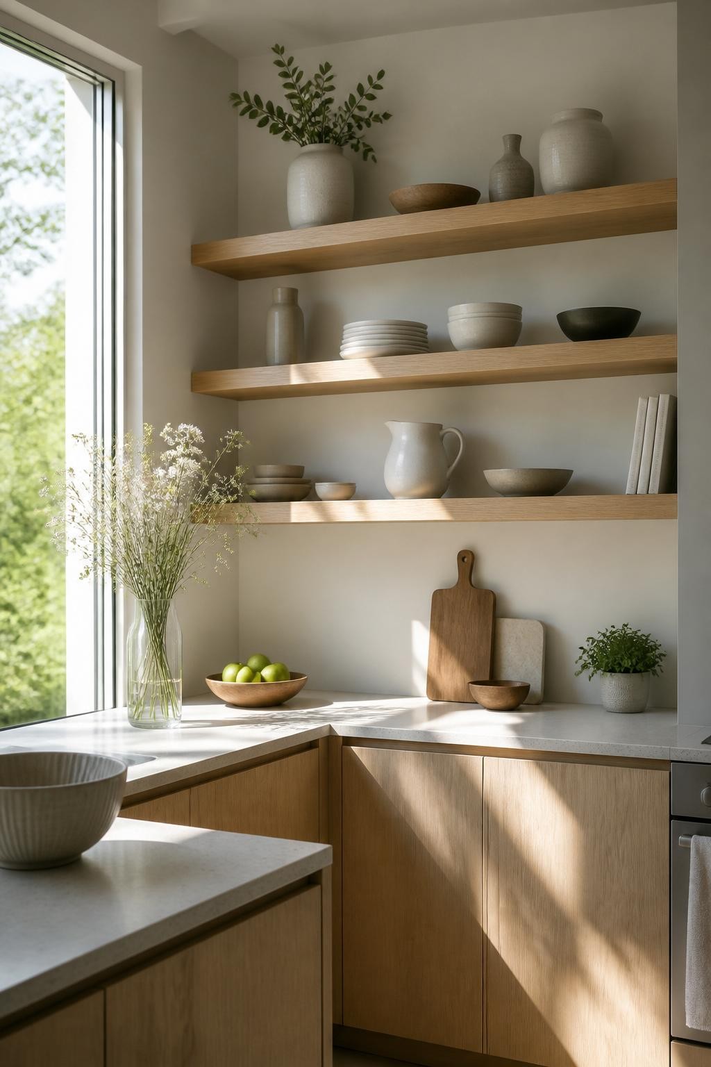 Scandinavian-inspired kitchen with floor-to-ceiling windows, minimalist flat-front oak cabinetry, and thick white oak floating shelves runni.