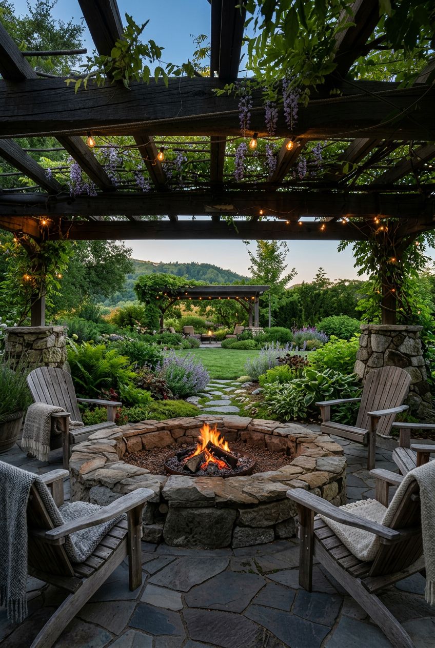 An enchanting pergola-covered retreat where a large, rugged stone fire pit is surrounded by classic wooden Adirondack chairs.