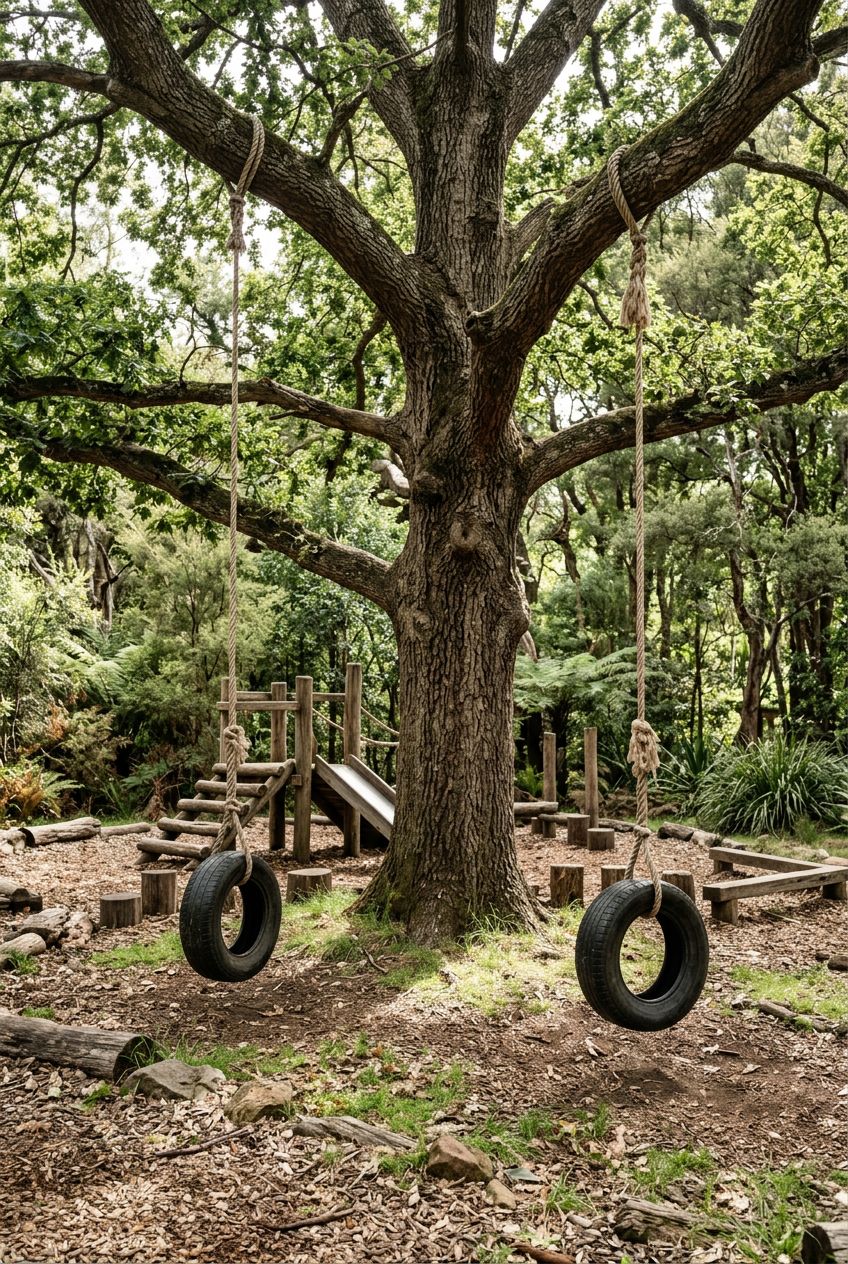 A natural-themed children's play zone centers around a sturdy mature tree and is accented by hanging DIY tire swings from their thick branch.