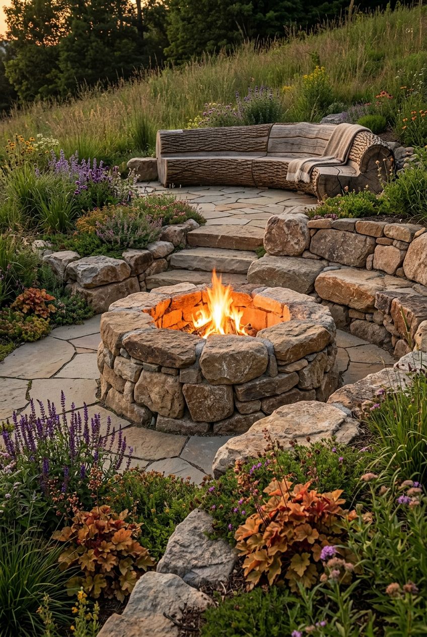 Capture the rustic charm of a sloped yard with a natural stone fire pit built directly into the hillside, using irregular fieldstones to cre.