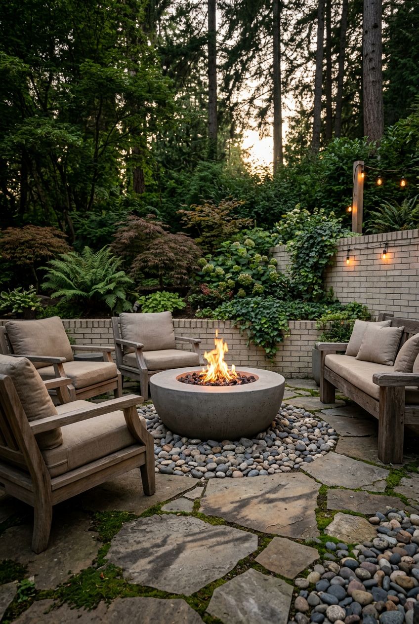 This cozy patio channels rustic-industrial charm with a round, brushed concrete fire pit nestled in a bed of river stones.