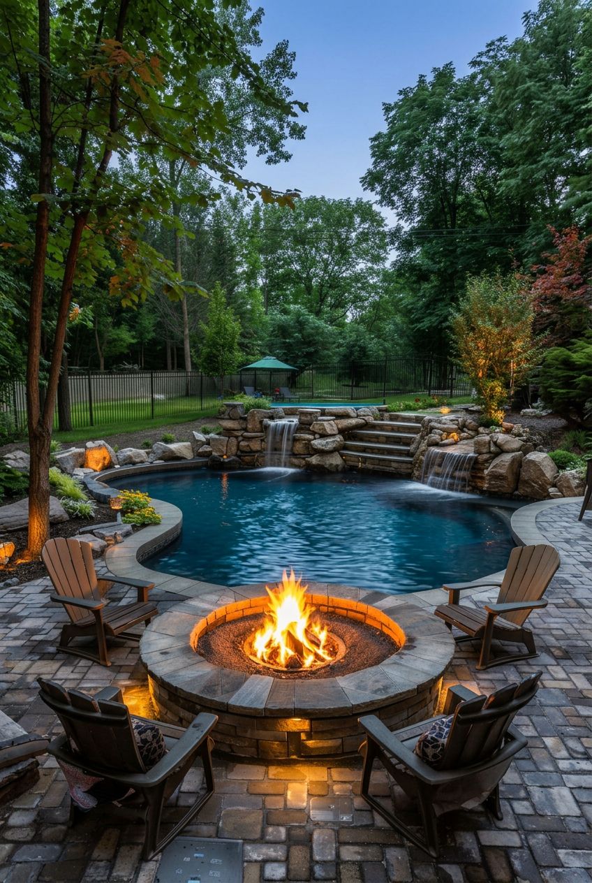 Highlight a naturalistic pool landscape defined by organic curves and surrounded by mature trees.