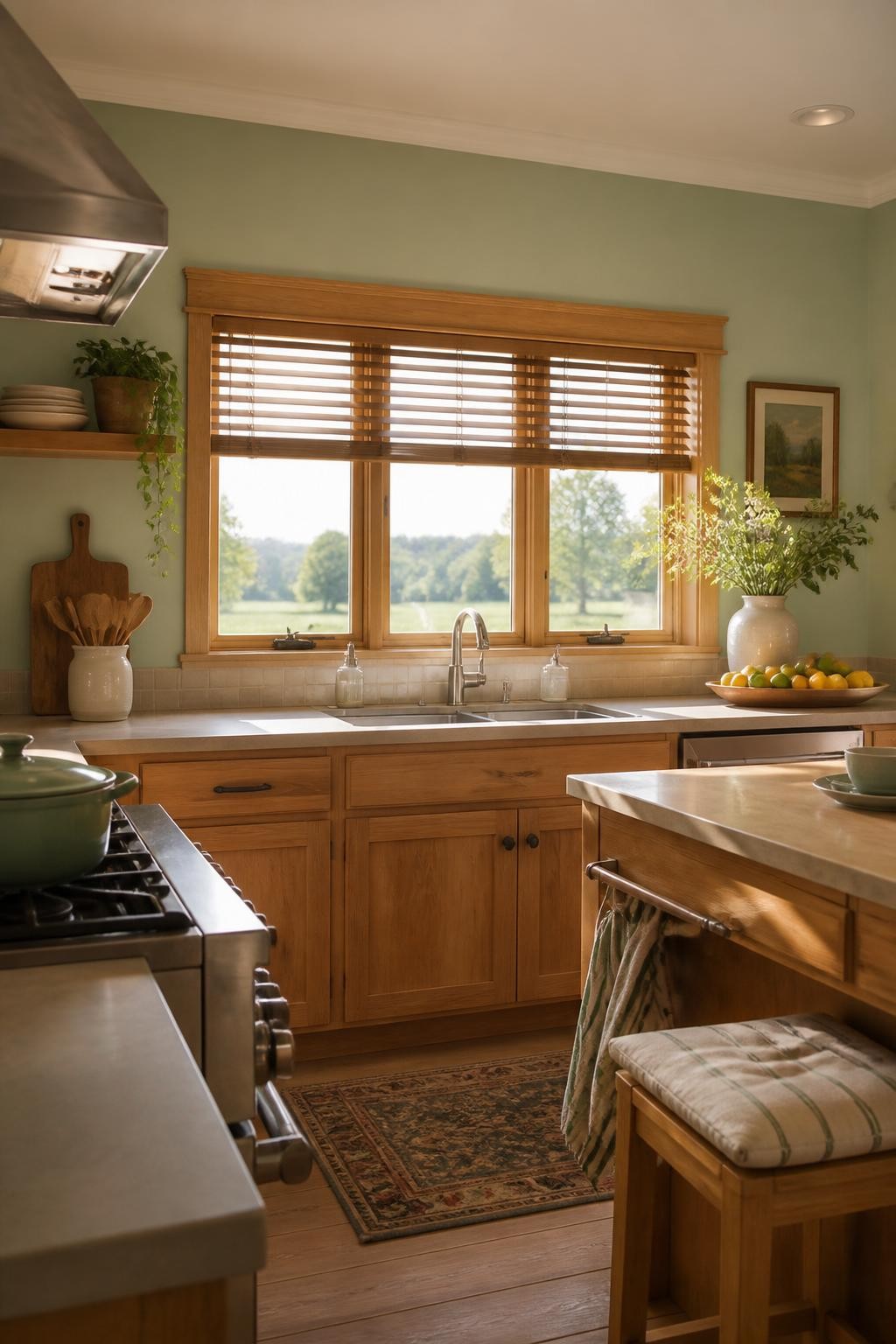 A light-filled country kitchen makes use of warm natural wood blinds, perfectly complementing honey-toned wooden cabinets and sage green wal.