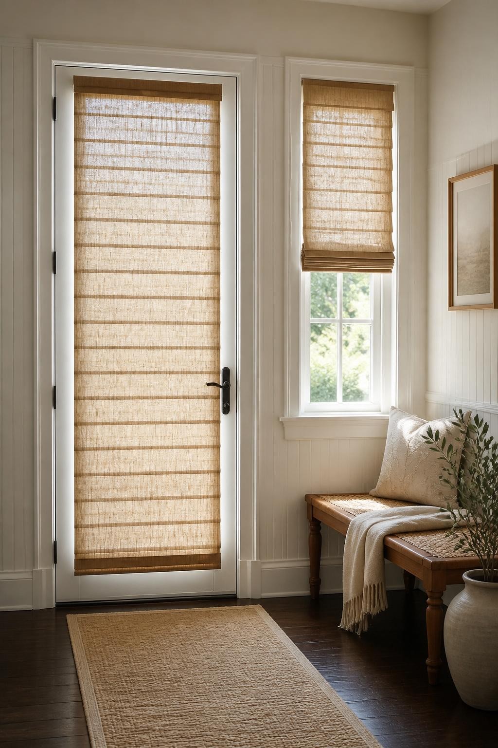 An elegantly styled entryway showcasing natural woven roman blinds on both the front door and adjacent window, set against creamy beadboard.