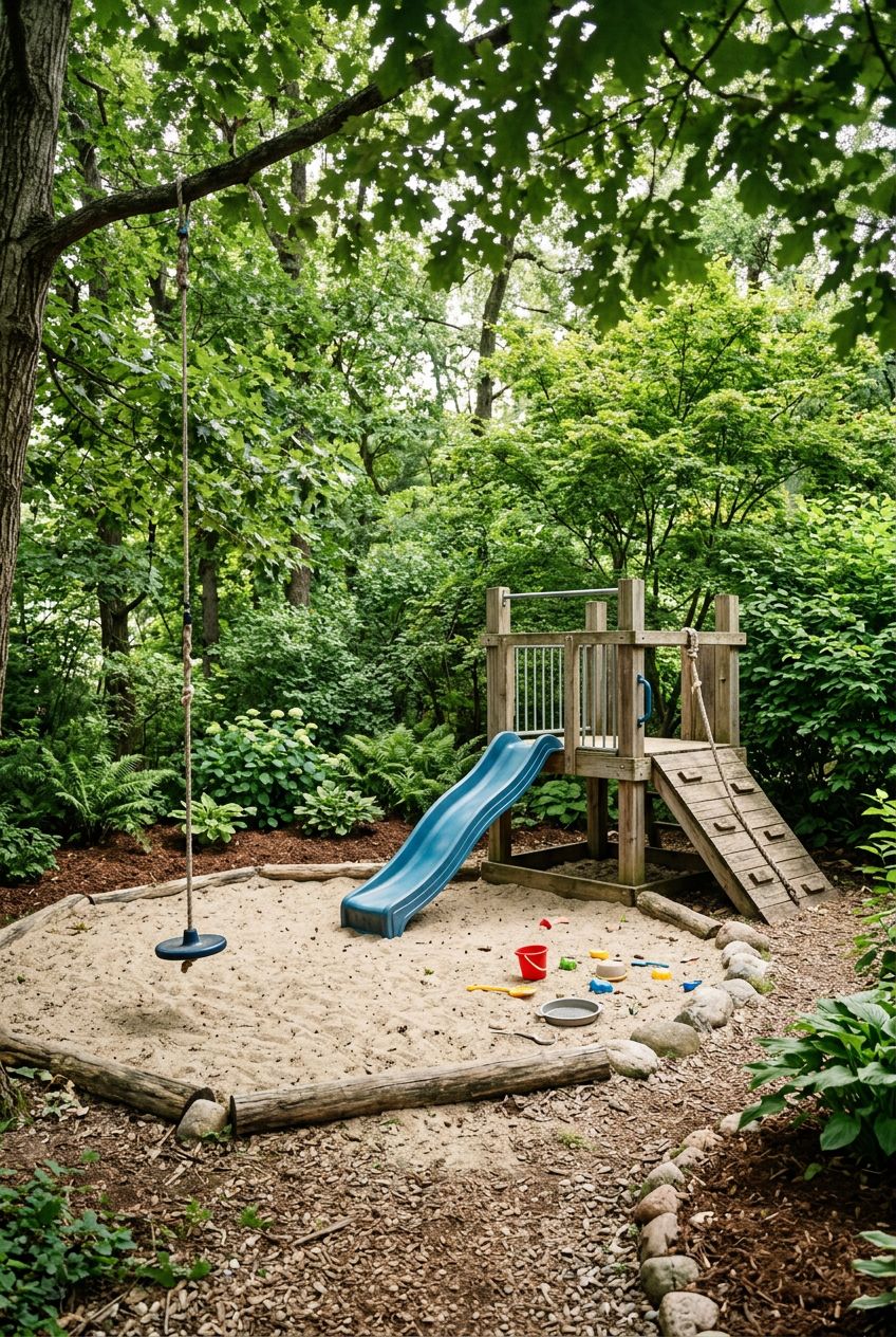 A naturalistic sand play zone tucked beneath leafy trees, with a large round sand area as its base.