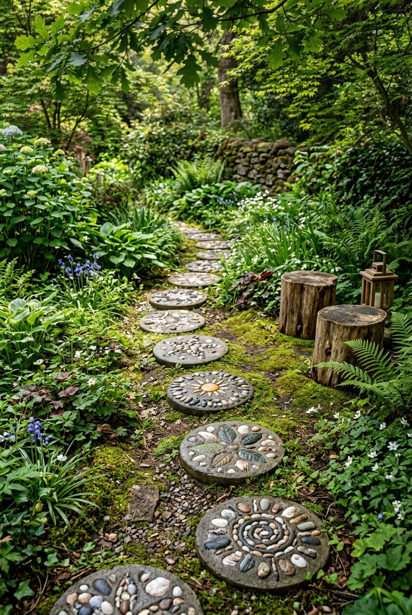 Present an enchanting garden pathway of round concrete stepping stones embedded with whimsical pebble designs, meandering through a lushly p.