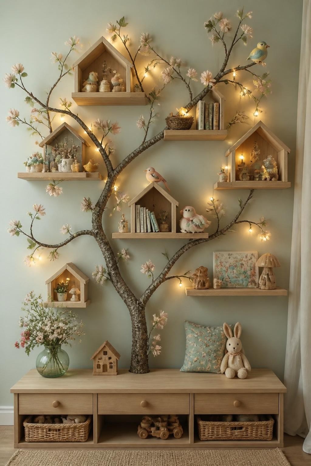 An ethereal, nature-inspired kids’ shelf display featuring organic wooden floating shelves cradled by a faux tree branch climbing the wall.