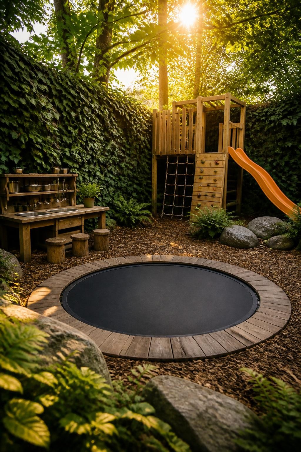 A serene, nature-inspired backyard corner dedicated to creative outdoor play, centered by an in-ground circular trampoline encircled by natu.