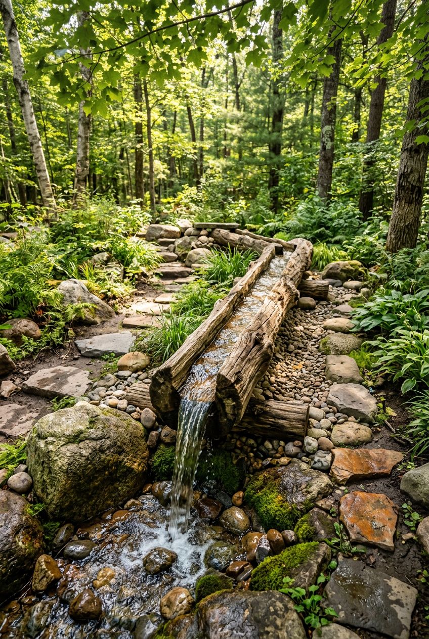 Illustrate a vibrant creek-inspired play area with a hollowed-out log water channel, surrounded by large boulders, smooth stepping stones, a.
