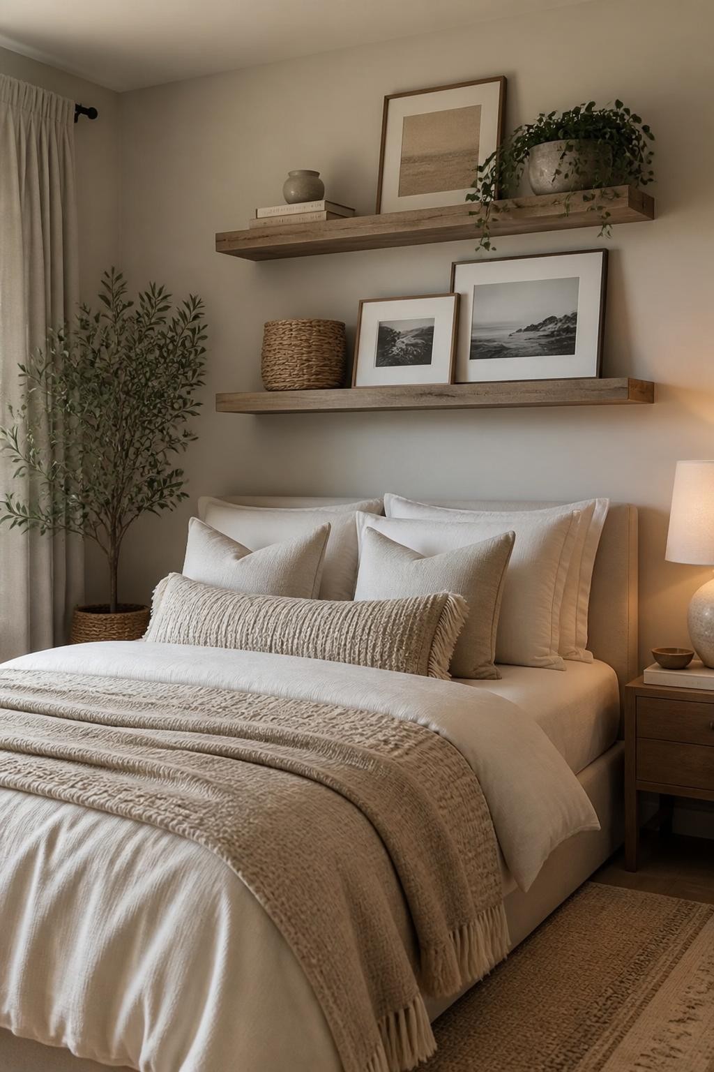 A tranquil bedroom styled with soft camel and sand tones, where two substantial wood floating shelves serve as gallery ledges above the bed.