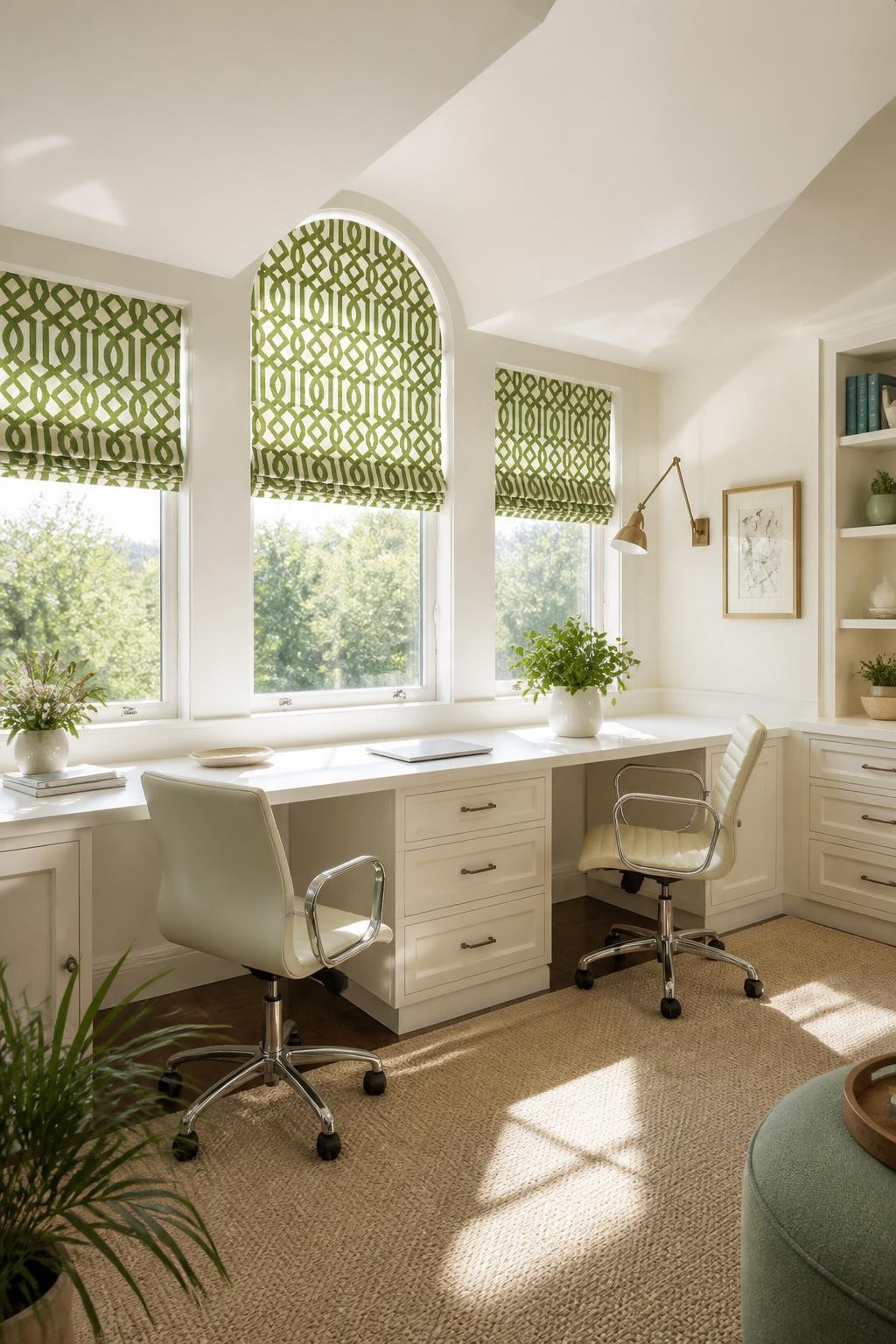 A modern home office is accented by a dramatic, angled ceiling and a run of three tall windows fitted with striking green patterned Roman sh.