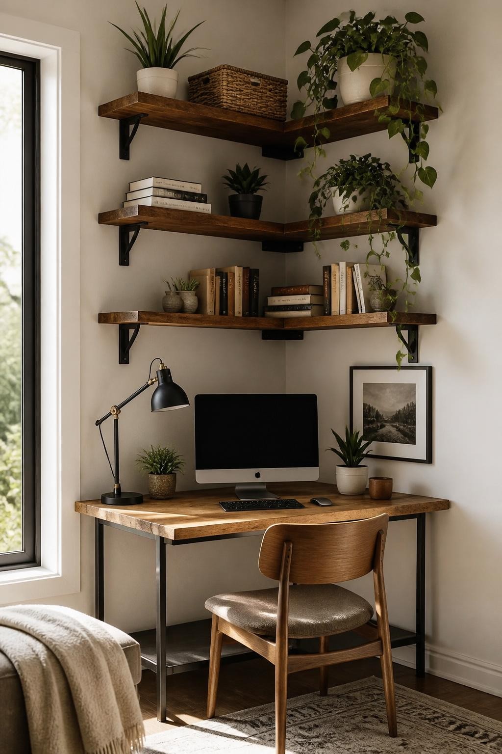 A modern home office with stacked, deep-stained rustic wooden floating shelves lining a corner above a reclaimed wood desk.
