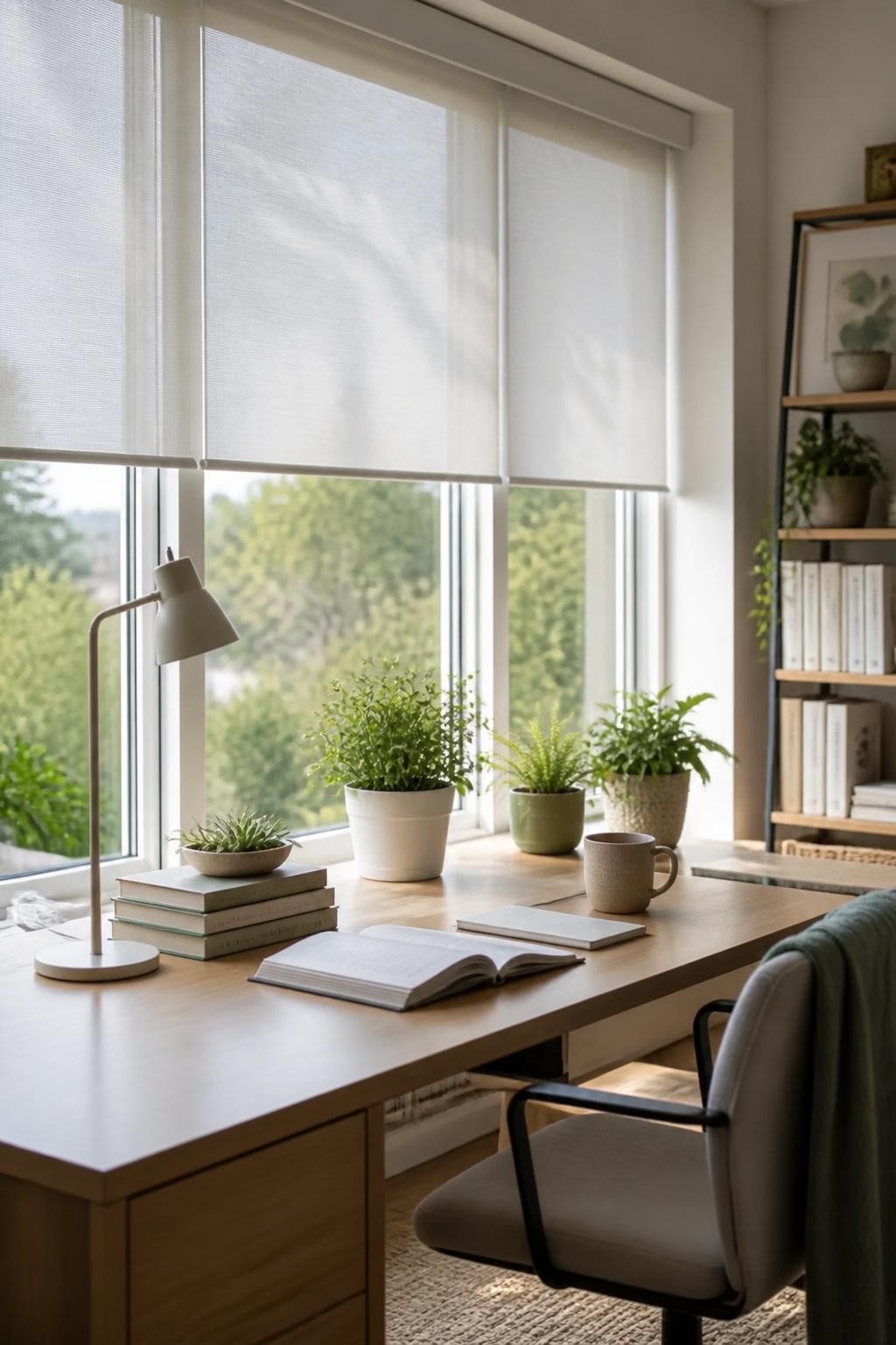 A contemporary home office with an extra-wide window outfitted in translucent roller blinds, filling the workspace with diffused daylight an.