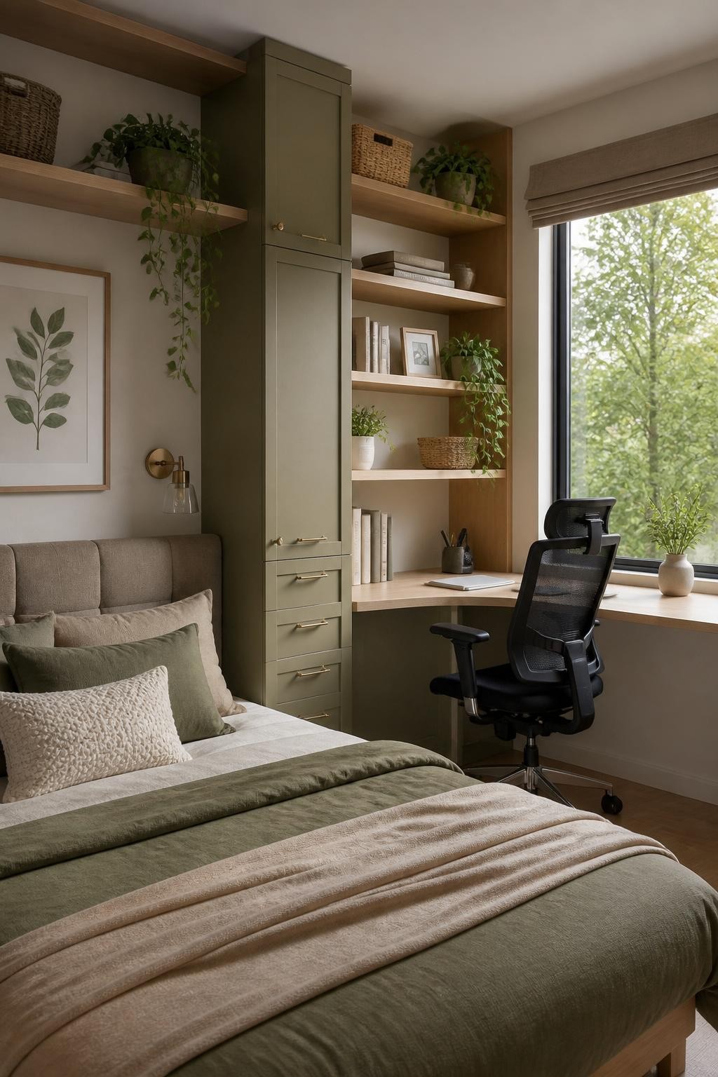 Modern workspace-bedroom hybrid featuring olive green built-in floating shelves seamlessly integrated with closed cabinetry and desk space.