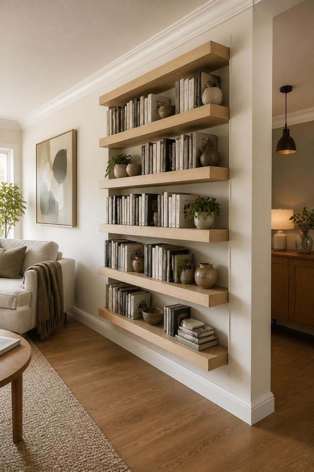 A transitional living space features a white dividing wall lined with thick, pale oak floating shelves, artfully stacked with modern books o.
