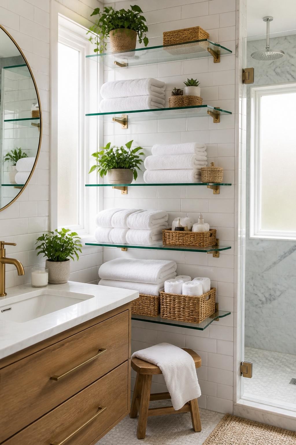 An organized open storage solution in a transitional bathroom, featuring stacked glass floating shelves mounted on crisp white subway tile w.