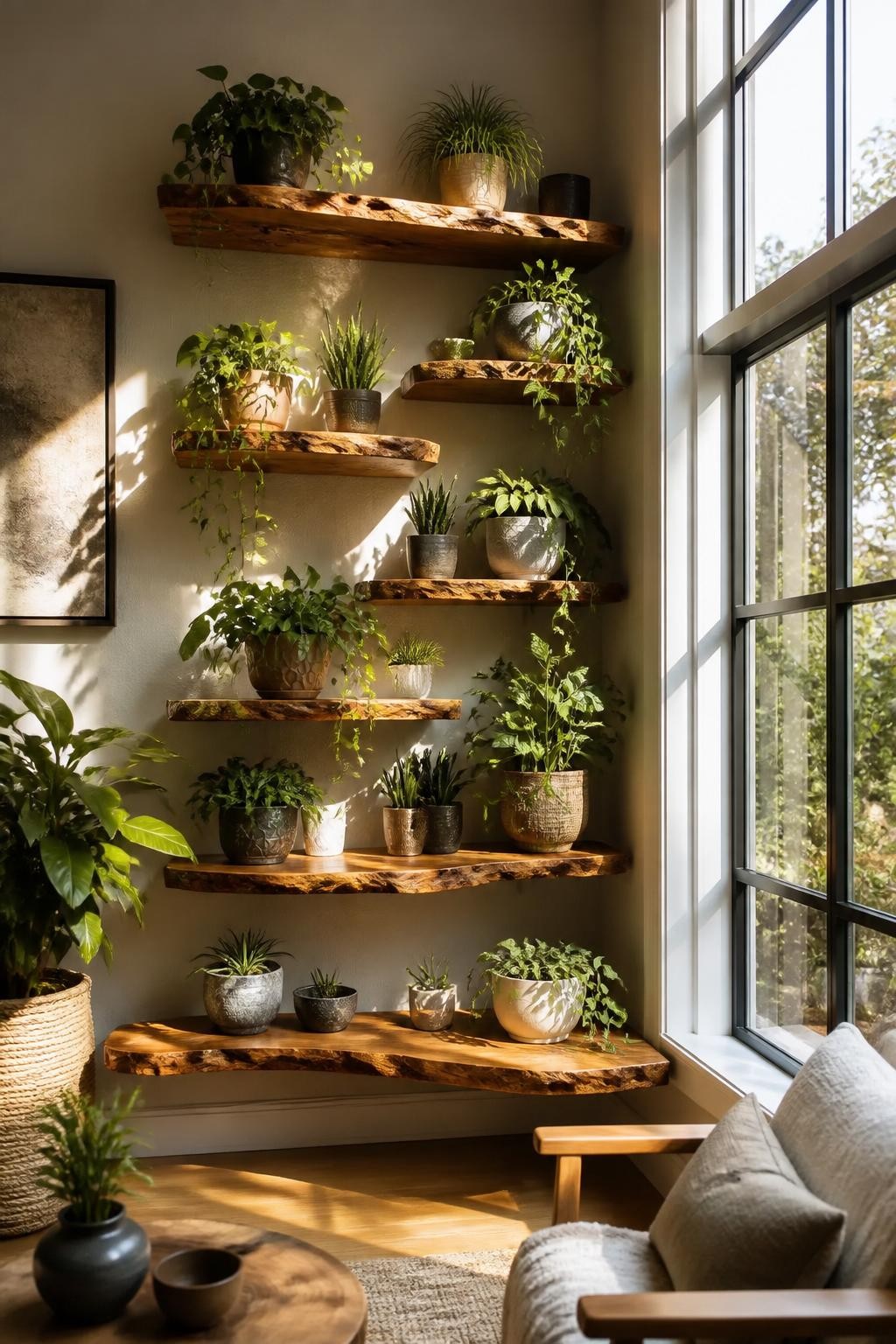 An artistic and organic shelving display features floating live-edge wood shelves fitted along a bright corner wall adjacent to large pictur.