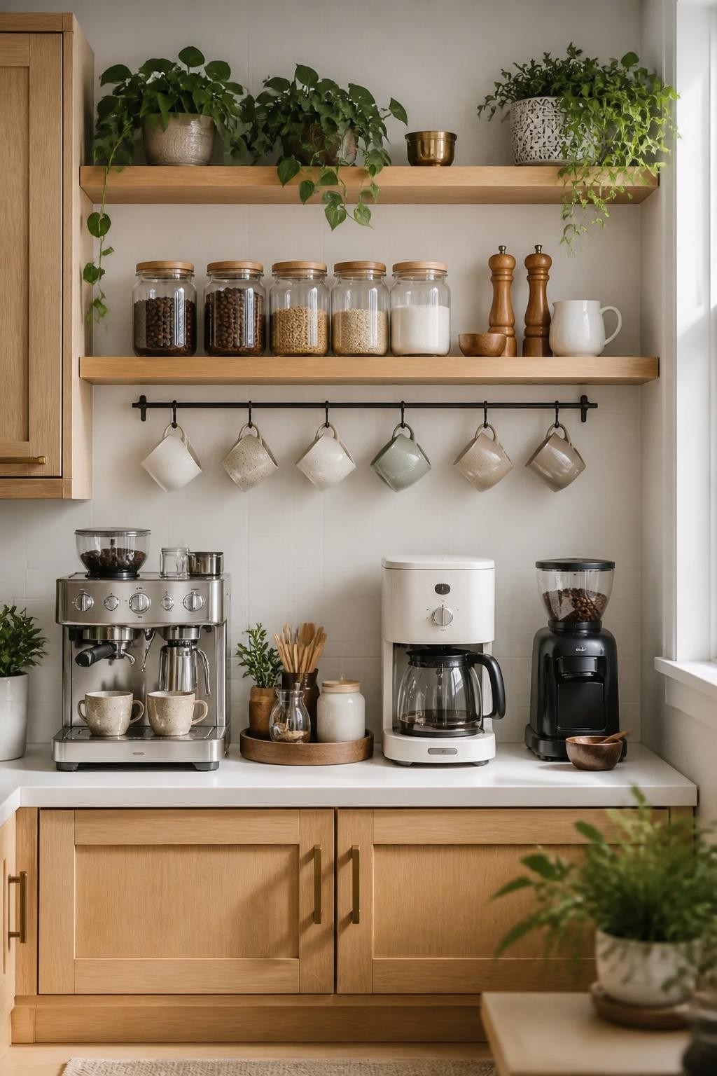 An airy, organic-modern coffee bar framed by light oak cabinetry and bright, matte tile walls.